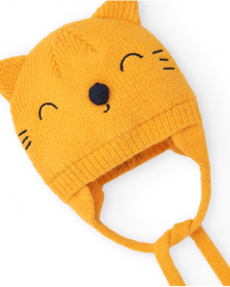 Bonnet avec oreilles pour fille en jaune avec motif chaton