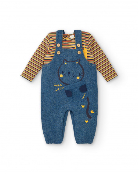 Salopette avec t-shirt garçon bleu et jaune imprimé chatons