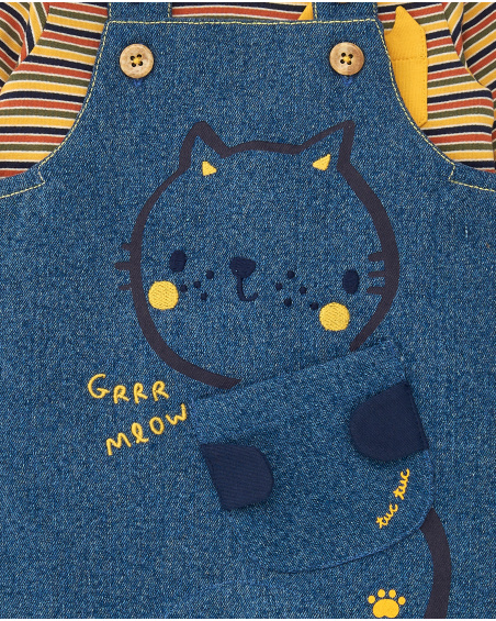 Salopette avec t-shirt garçon bleu et jaune imprimé chatons