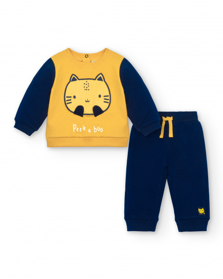 Ensemble deux pièces garçon jaune et bleu imprimé chat, collection Lovely Kittens