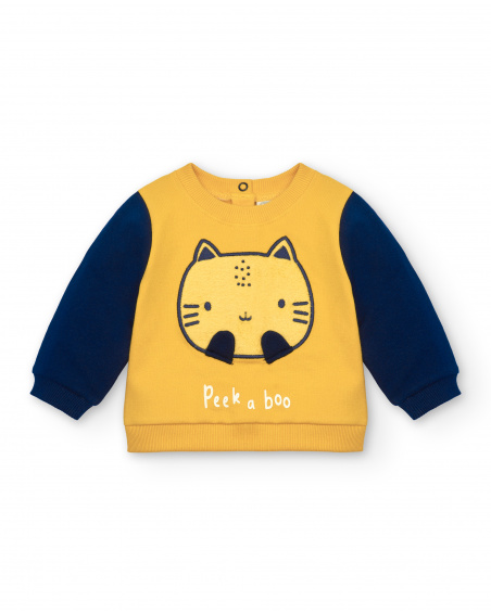 Ensemble deux pièces garçon jaune et bleu imprimé chat, collection Lovely Kittens
