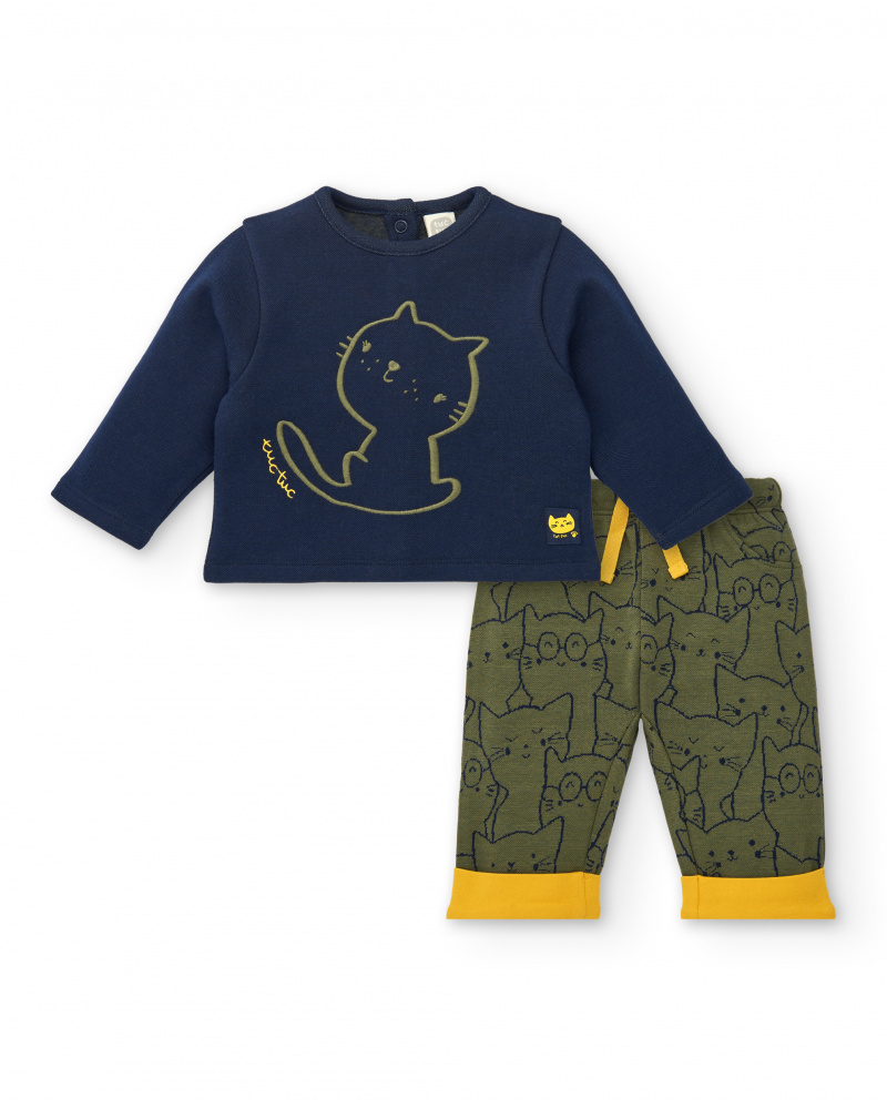 Ensemble deux pièces garçon bleu et vert imprimé chat, collection Lovely Kittens