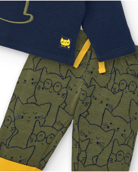 Ensemble deux pièces garçon bleu et vert imprimé chat, collection Lovely Kittens