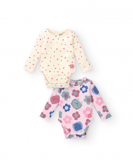 Lot de 2 bodys fille tons crème et rose imprimé hérisson