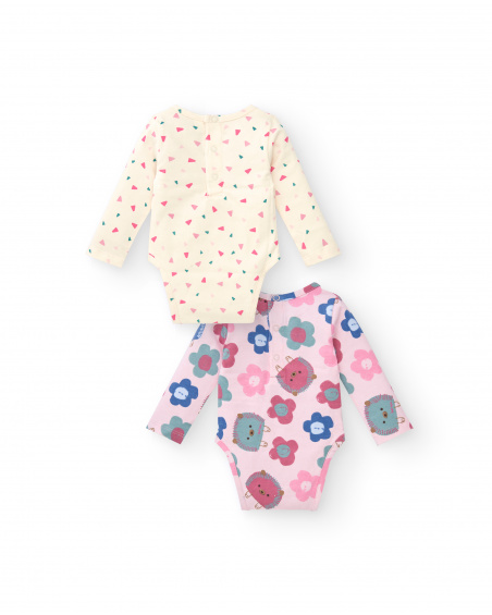 Lot de 2 bodys fille tons crème et rose imprimé hérisson