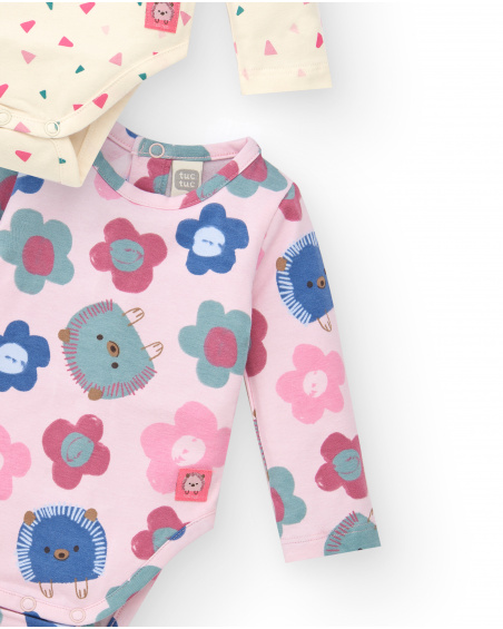 Lot de 2 bodys fille tons crème et rose imprimé hérisson