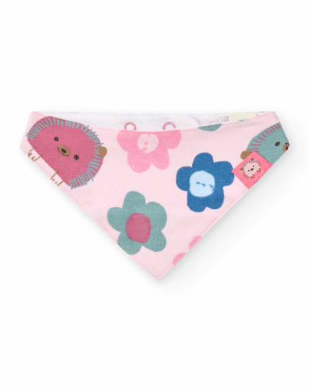 Bavoir bandana fille rose imprimé hérisson et fleurs collection