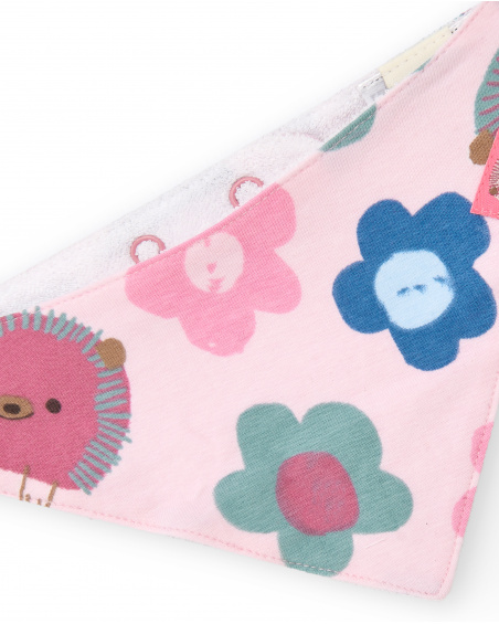 Bavoir bandana fille rose imprimé hérisson et fleurs collection