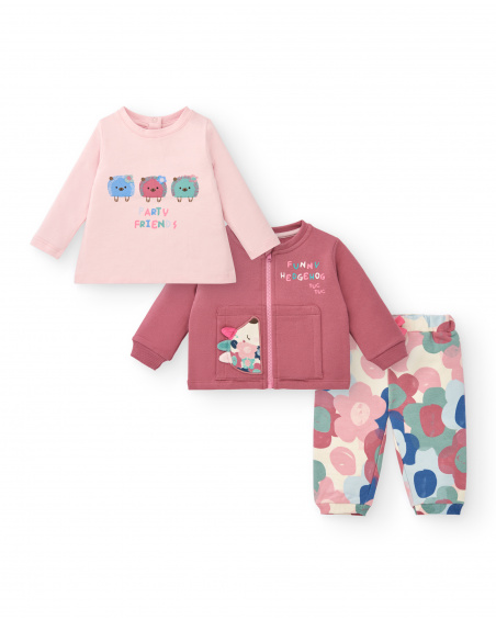 Ensemble fille t-shirt, veste et pantalon rose imprimé hérisson