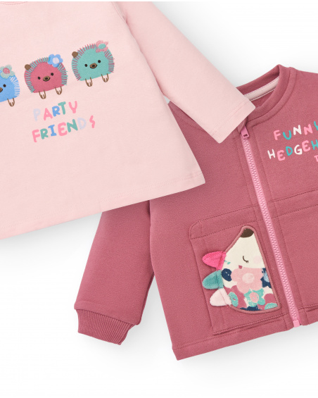 Ensemble fille t-shirt, veste et pantalon rose imprimé hérisson
