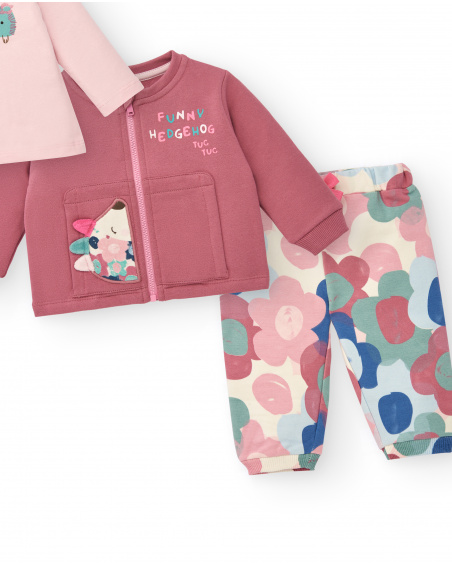 Ensemble fille t-shirt, veste et pantalon rose imprimé hérisson