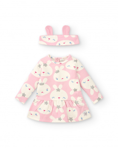 Robe fille rose avec bandeau oreilles et imprimé lapin