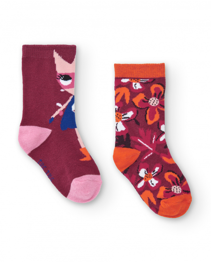 Pack de chaussettes fille de couleur bordeaux avec imprimé