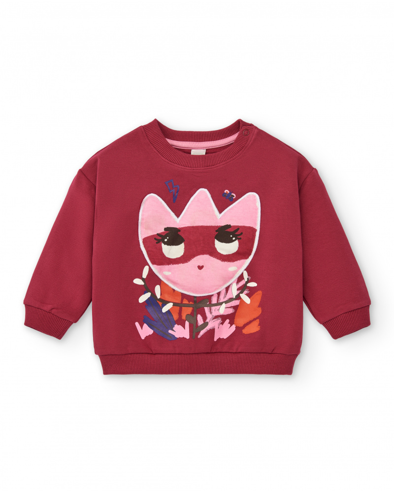 Sweat-shirt en peluche fille rouge avec application chat