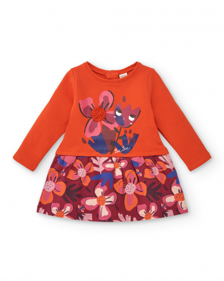 Robe peluche fille orange avec jupe imprimée fleurie collection Robe peluche fille orange avec jupe imprimée fleurie collection