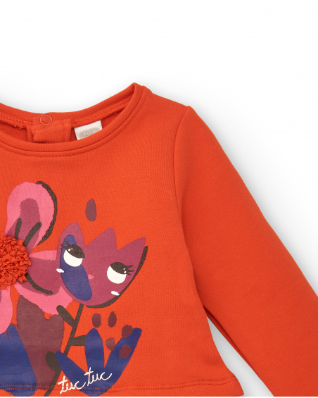 Robe peluche fille orange avec jupe imprimée fleurie collection Robe peluche fille orange avec jupe imprimée fleurie collection