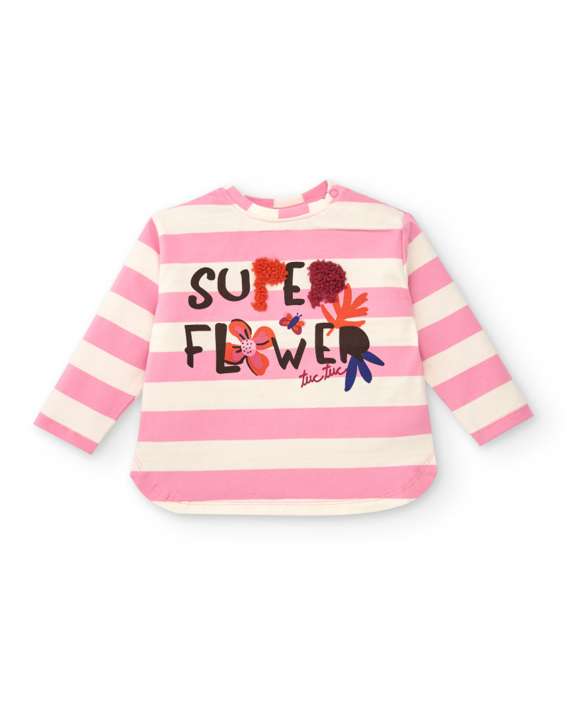 T-shirt fille rose à rayures et détail fleuri collection Super