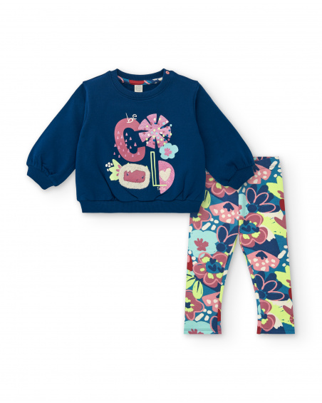 Ensemble sweat bleu motif "COOL" et legging imprimé fleurs pour