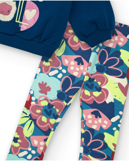 Ensemble sweat bleu motif "COOL" et legging imprimé fleurs pour