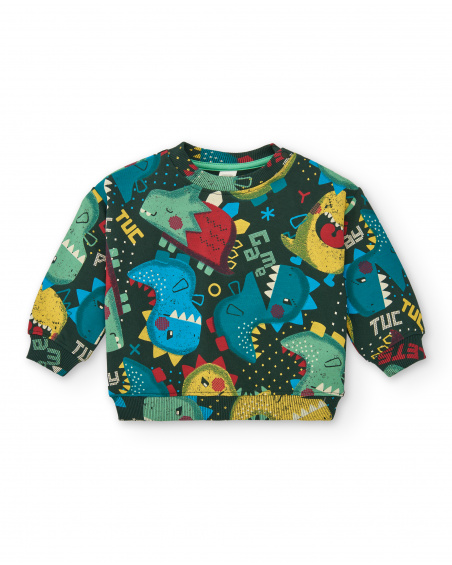 Sweat garçon imprimé dinosaure tons verts collection Cyber Dino