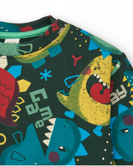 Sweat garçon imprimé dinosaure tons verts collection Cyber Dino
