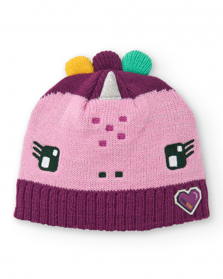 Bonnet fille dans les tons rose et fuchsia avec motif dinosaure