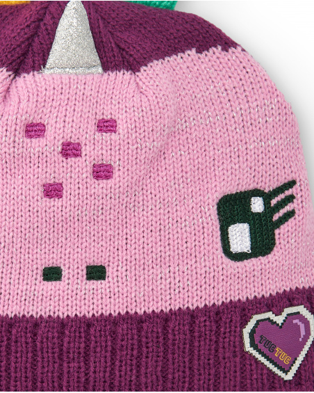 Bonnet fille dans les tons rose et fuchsia avec motif dinosaure