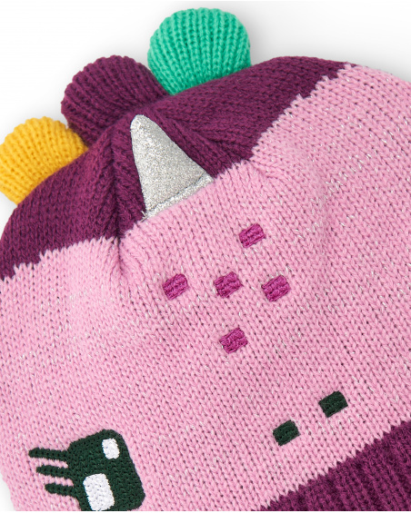 Bonnet fille dans les tons rose et fuchsia avec motif dinosaure