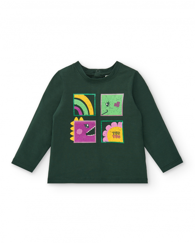 T shirt a manches longues pour fille vert avec imprime dinosaure et arc en ciel collection Cyber