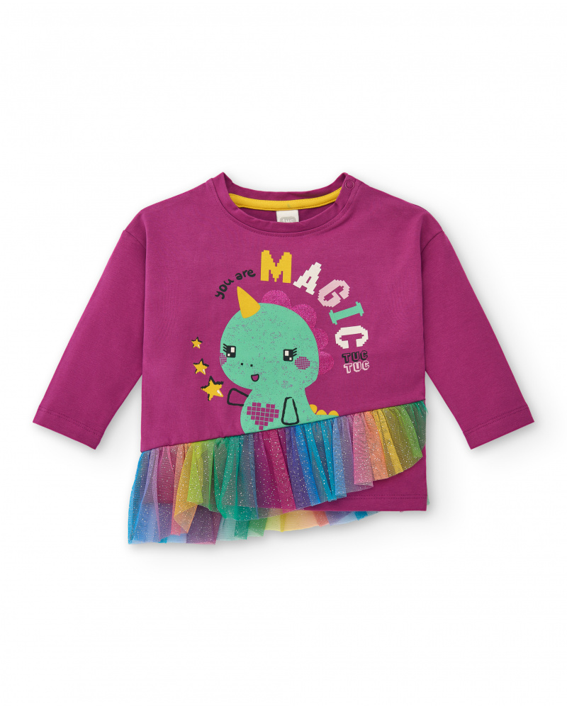 T-shirt violet à manches longues avec volant arc-en-ciel et