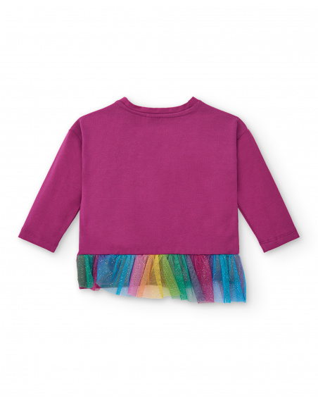T-shirt violet à manches longues avec volant arc-en-ciel et