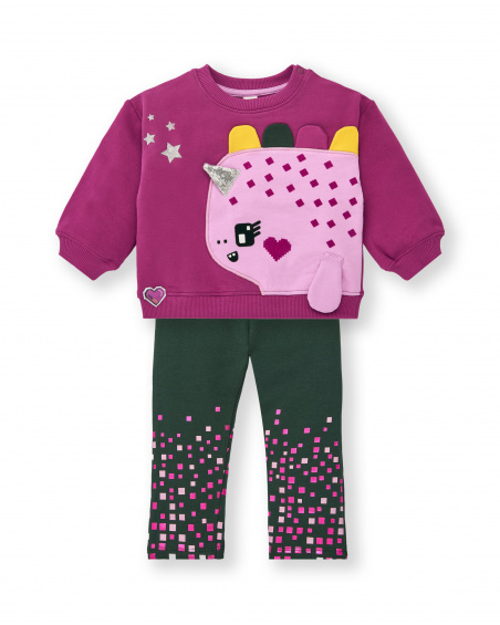 Ensemble sweat fuchsia avec dinosaure et leggings vert pour