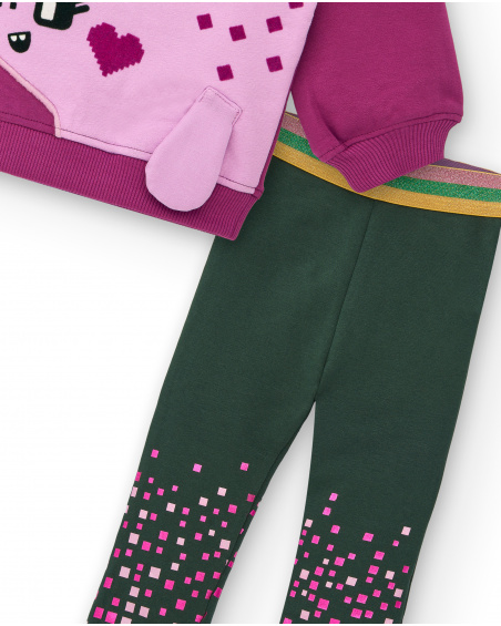 Ensemble sweat fuchsia avec dinosaure et leggings vert pour