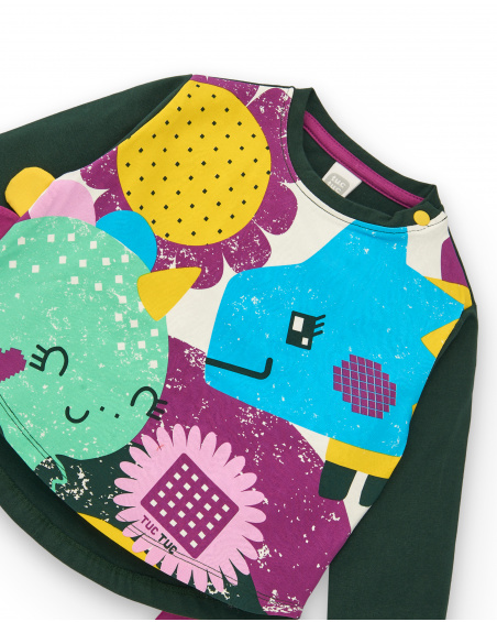 Ensemble t-shirt vert imprimé dinosaure et legging fuchsia