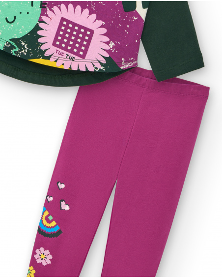 Ensemble t-shirt vert imprimé dinosaure et legging fuchsia
