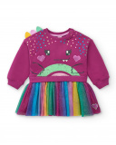 Robe sweat fuchsia avec jupe dinosaure et arc-en-ciel pour Robe sweat fuchsia avec jupe dinosaure et arc-en-ciel pour