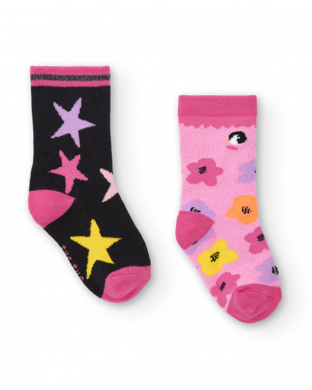 Lot de 2 chaussettes fille noires à imprimés colorés collection