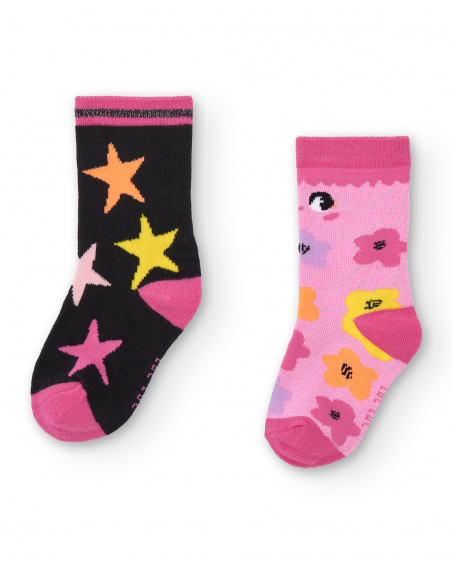 Lot de 2 chaussettes fille noires à imprimés colorés collection
