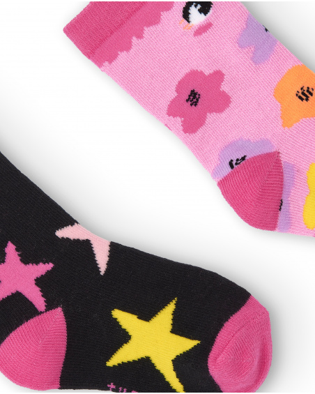 Lot de 2 chaussettes fille noires à imprimés colorés collection