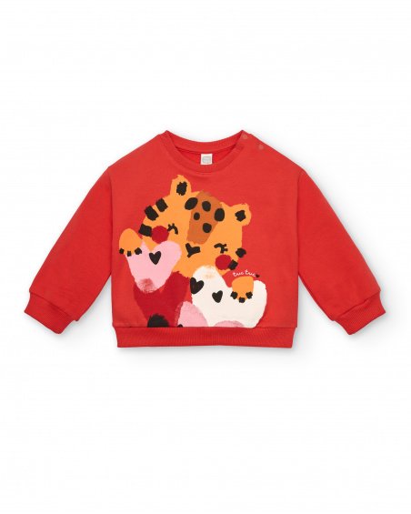 Sudadera felpa de niña en rojo con estampado de tigre y