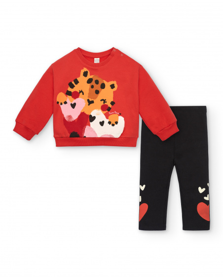 Ensemble peluche fille rouge et noir avec sweat tigre et coeurs