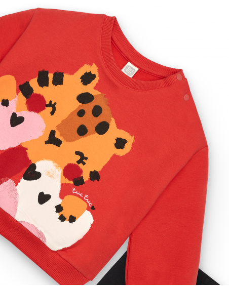 Ensemble peluche fille rouge et noir avec sweat tigre et coeurs