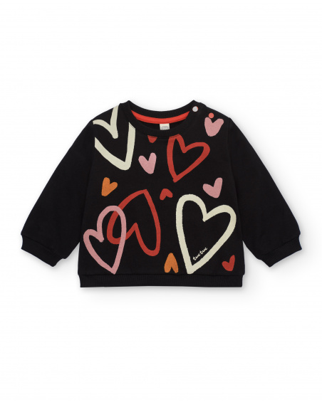 Sweat fille noir en peluche imprimé coeurs collection Cartoon