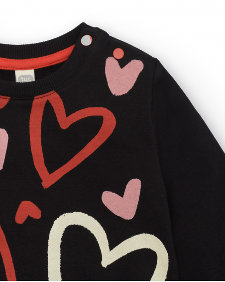 Sweat fille noir en peluche imprimé coeurs collection Cartoon