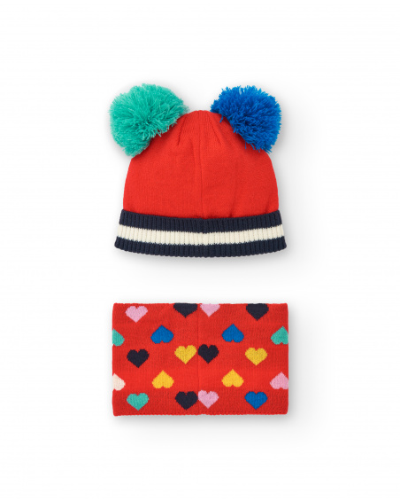 Ensemble bonnet et écharpe fille rouge avec motif coeur