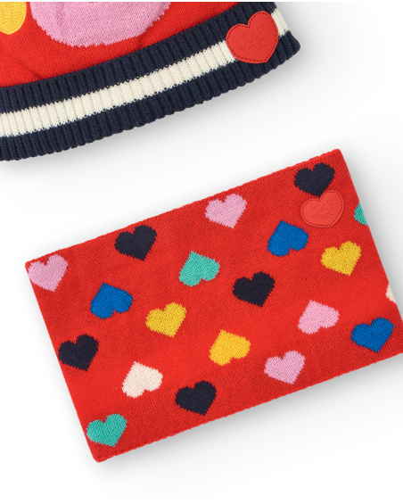 Ensemble bonnet et écharpe fille rouge avec motif coeur