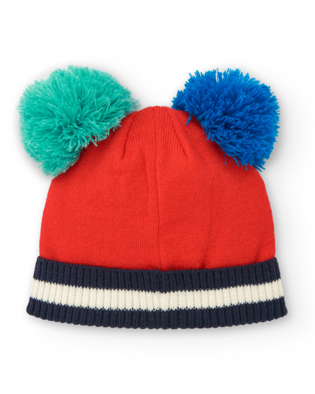 Bonnet fille rouge à pompons et motif coeur collection Big