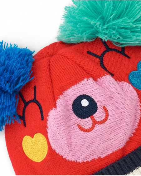 Bonnet fille rouge à pompons et motif coeur collection Big