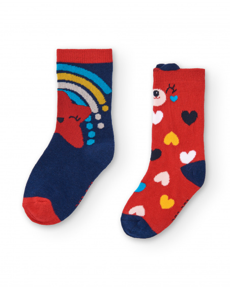 Chaussettes fille bleues et rouges avec coeurs et motif