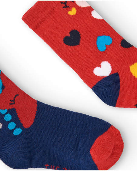 Chaussettes fille bleues et rouges avec coeurs et motif